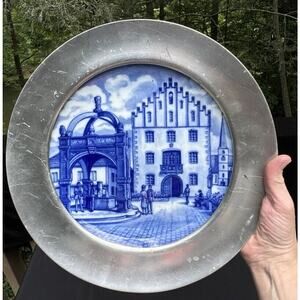Beautiful Germany Flow Blue Furstenberg Porcelain Plate Pewter Frame